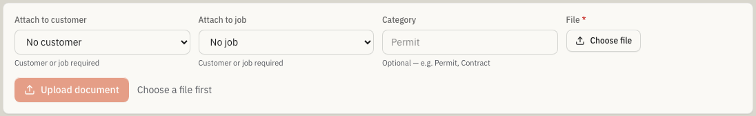 Documents & Photos upload panel with customer and job dropdowns, category field, file chooser, and Upload document button