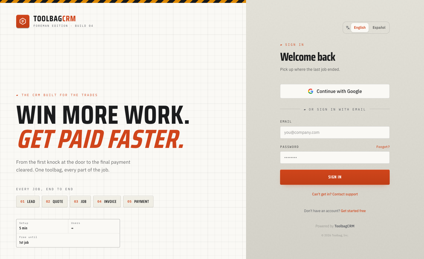 ToolbagCRM welcome and sign-in screen with Google, email, password recovery, and Contact support options