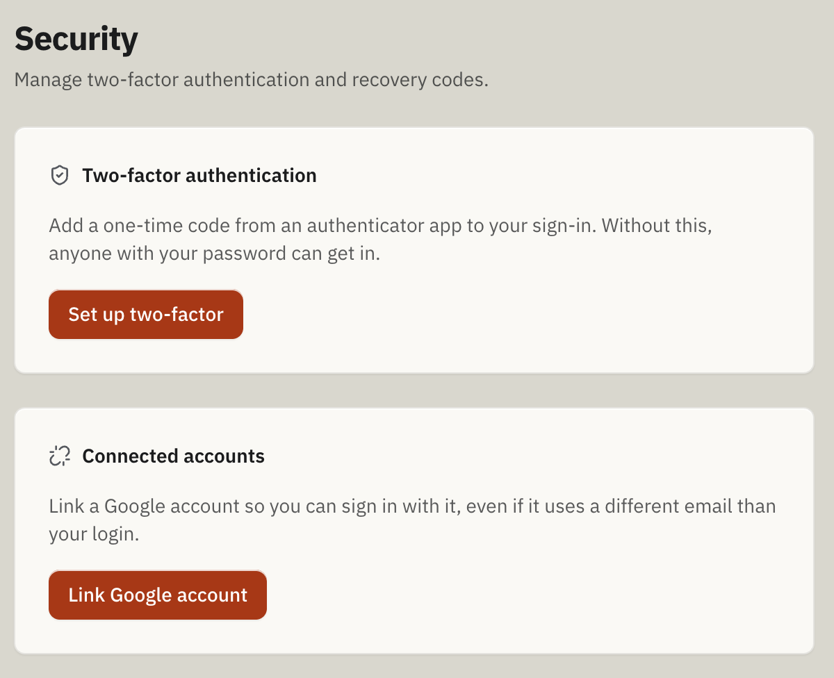 Security settings showing the Two-factor authentication setup and Connected accounts Google-link controls