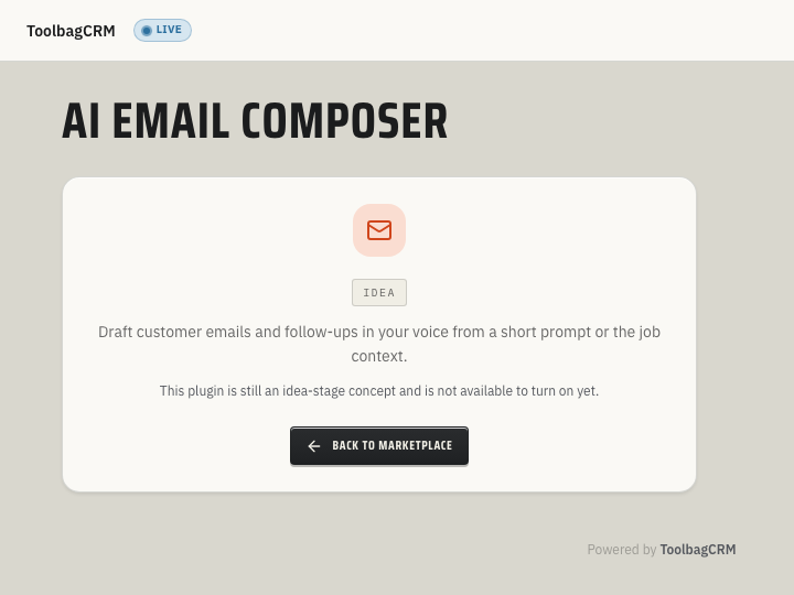 ToolbagCRM AI Email Composer idea-stage screen