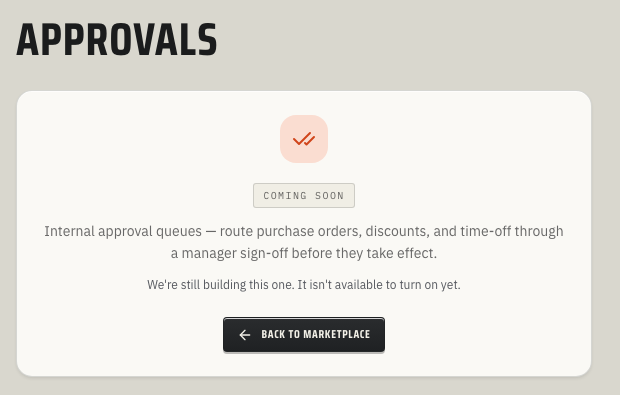 ToolbagCRM Approvals coming-soon screen