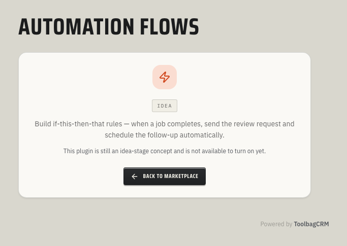 Automation Flows placeholder stating that the idea-stage plugin is not available to enable