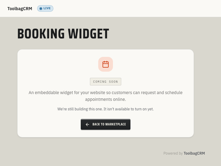 ToolbagCRM Booking Widget coming-soon placeholder