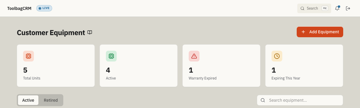 Customer Equipment screen with total, active, expired-warranty, and expiring-warranty counts above lifecycle tabs and search