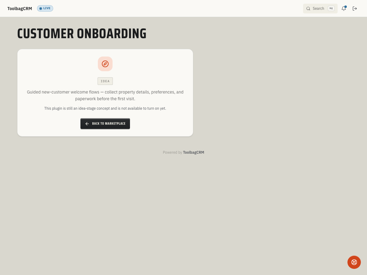 ToolbagCRM Customer Onboarding (Idea) preview screen