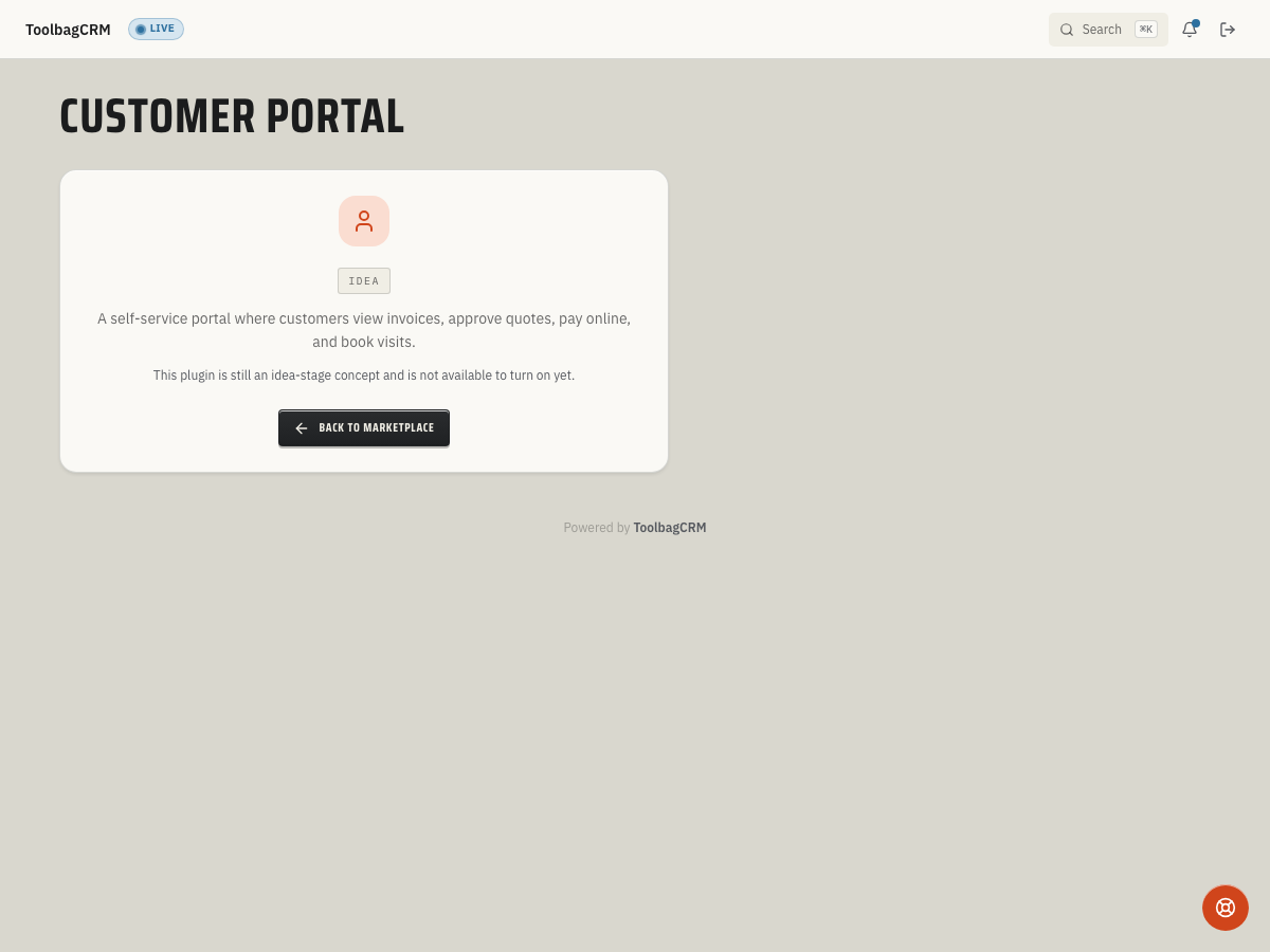 ToolbagCRM Customer Portal idea-stage placeholder