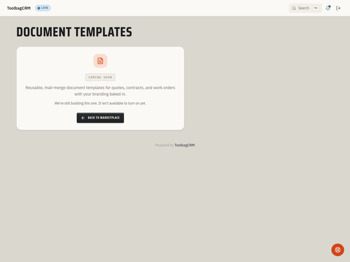 ToolbagCRM Document Templates coming-soon placeholder screen