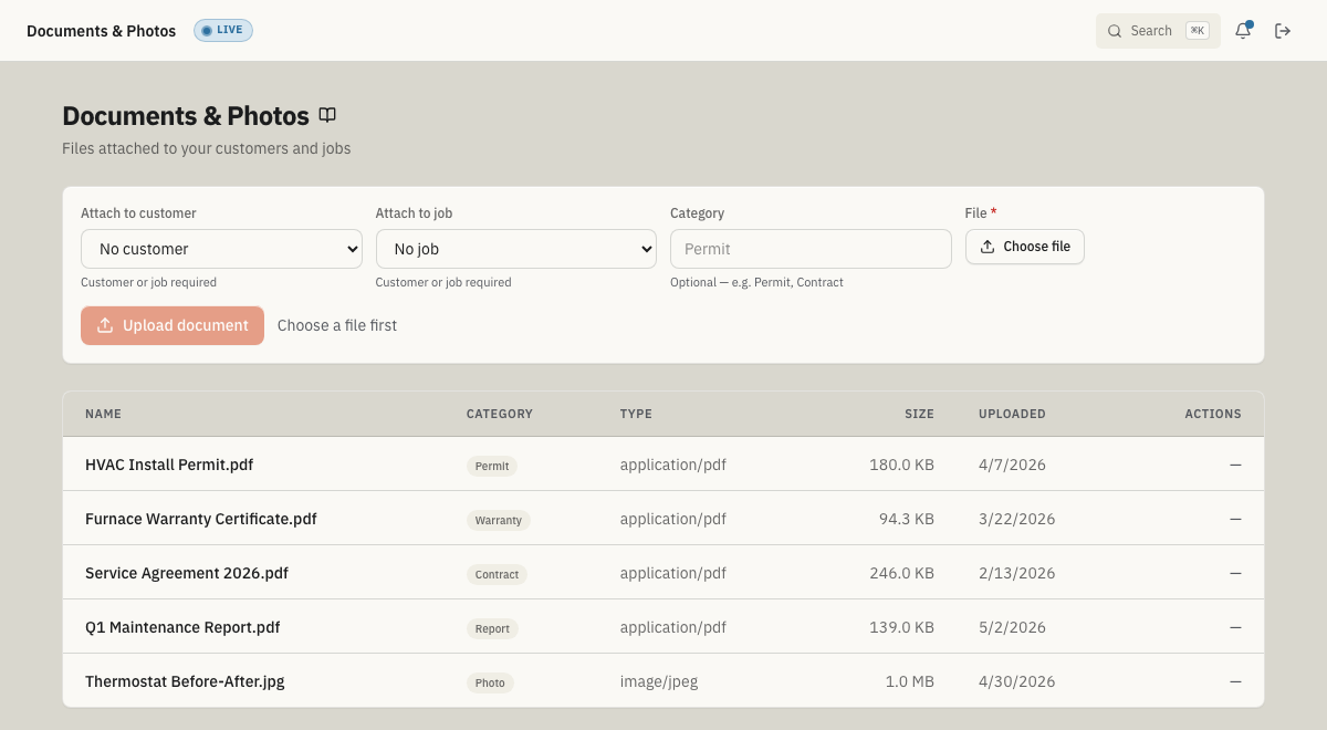 Documents & Photos screen with the upload panel and document list table
