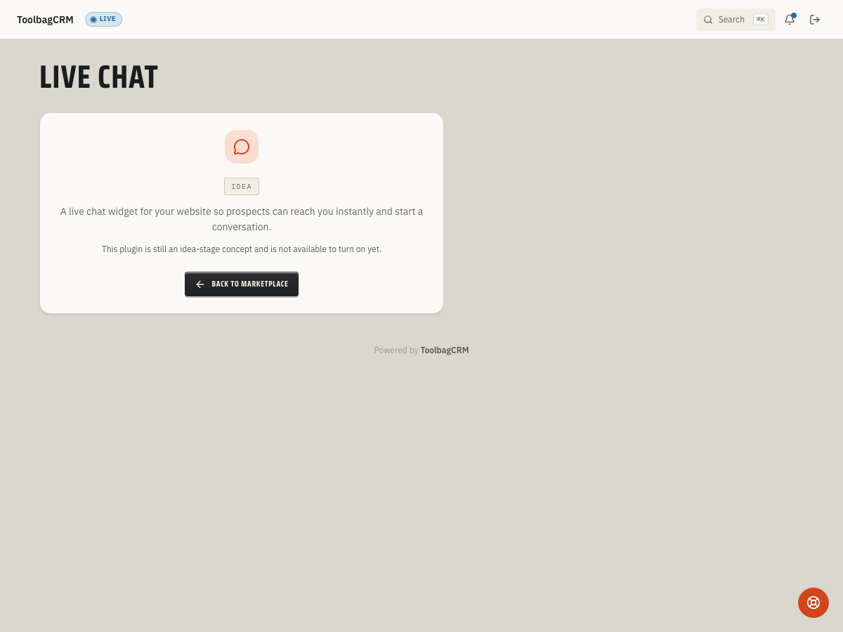 ToolbagCRM Live Chat idea-stage placeholder