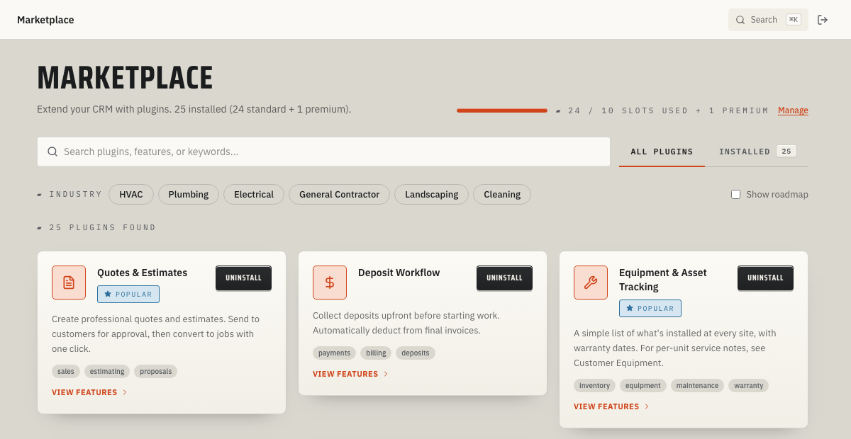 Marketplace showing 25 installed plugins, slot usage, search, industry filters, and plugin cards