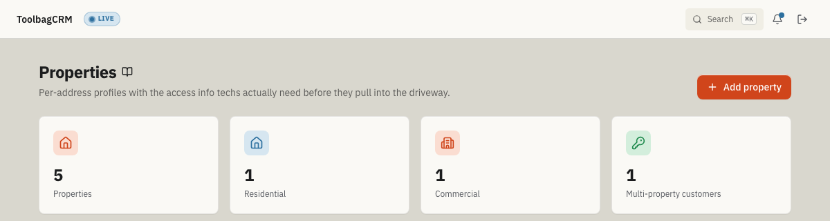 Properties page with the Add property button and summary cards for total, residential, commercial, and multi-property customer counts