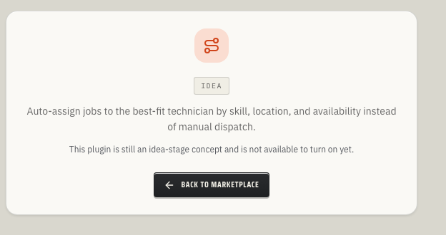 ToolbagCRM Smart Routing idea-stage placeholder showing that the plugin is not available to enable