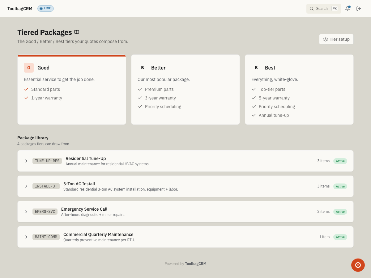 ToolbagCRM Tiered Packages page under Quotes → Packages