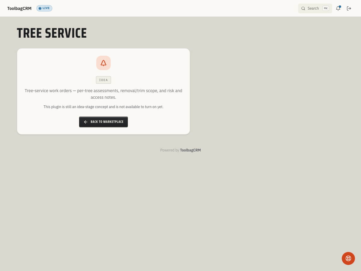 ToolbagCRM Tree Service idea-stage placeholder screen